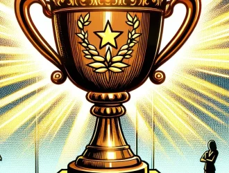 The trophy is adorned with a star and laurel wreath, traditional motifs of victory and excellence. In the background, three silhouetted figures are present, possibly representing competitors or entrepreneurs, with clouds overhead, indicating that the competition is high-reaching or aspirational. This could be a visual metaphor for the SBA Growth Accelerator Fund Competition, suggesting that the event is a prestigious and significant opportunity for businesses to strive for excellence and recognition in their growth endeavors.